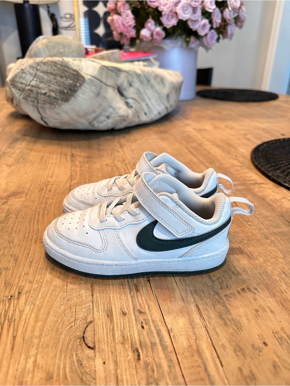 Nike Kids White Sneakers with Dark Green Swoosh